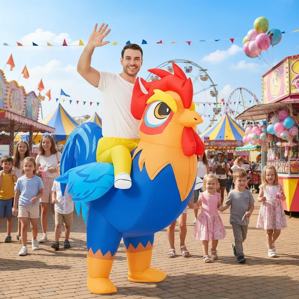 

Adult Inflatable Chicken Ride On Rooster Funny Blow Up Suit Unisex for Christmas Thanksgiving Carnival Cosplay (155-190CM)