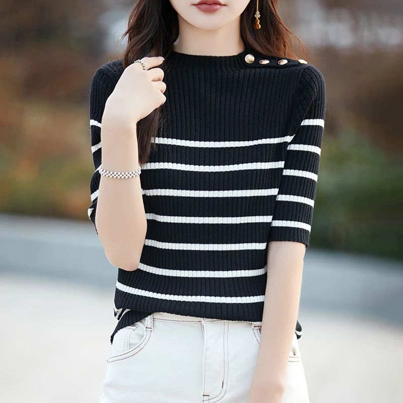 Summer New Knitted Woolen Sweater Women's Round Neck Middle Sleeve Fine Lmitation Wool Button Style Stripe Spliced Short Sleeve