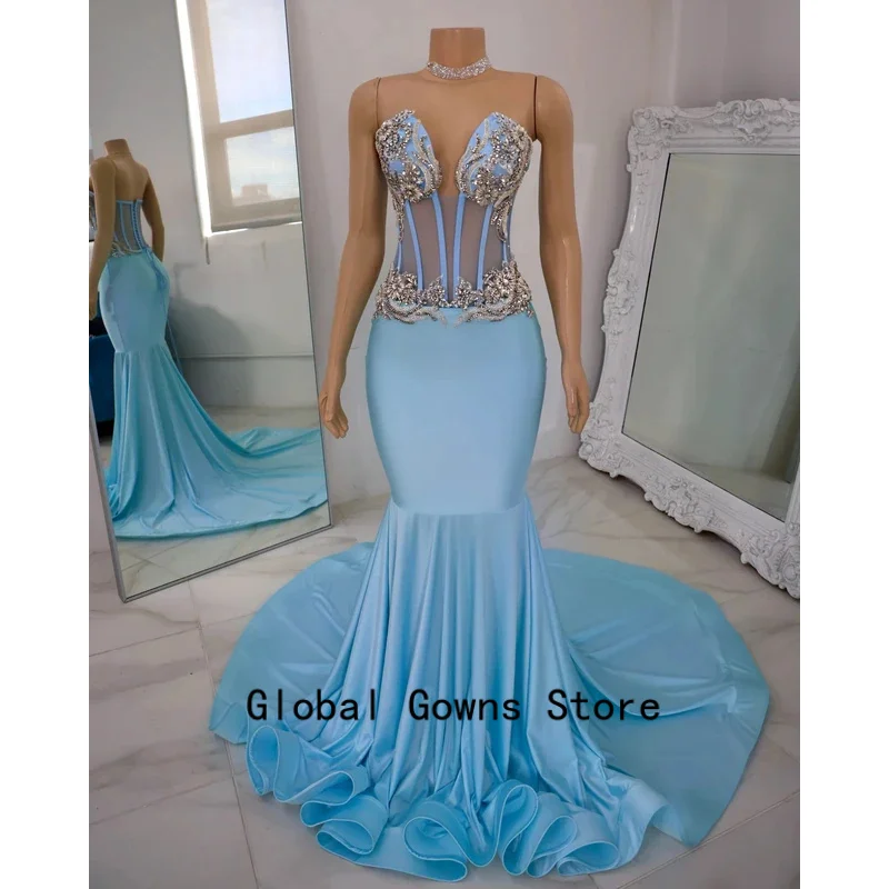 

Sky Blue Long Prom Dresses For Black Girls Sweetheart Crystals American African Evening Gowns Birthday Party Robe Customized