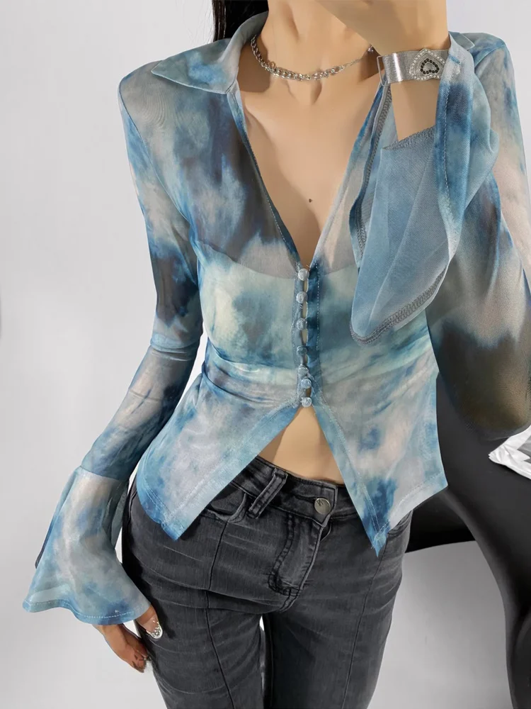 

Slimming Effectiven Cotton Blend irt with Bell Sves Deep V Ne Tie Dye Me Large Opening Spicy Girl Top for Women
