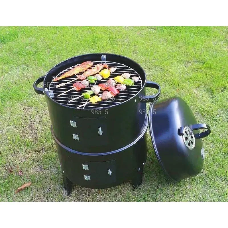 40cm 15 In 1 Bucket Smoker，3-Layer Steel Stand Charcoal BBQ Grill for Outdoor Cooking
