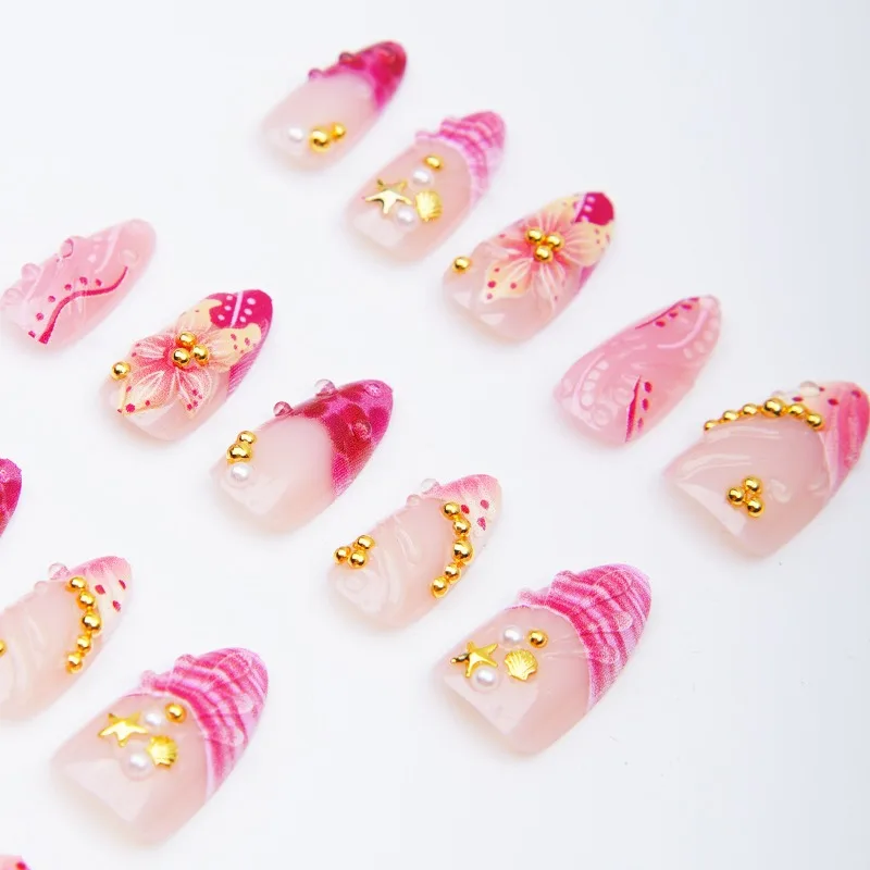 

24PCS Almond Press on Nails Full Cover Pink 3D Carved Flowers Shell Fake Nails for Women Golden Seastar Summer Nails Detachable