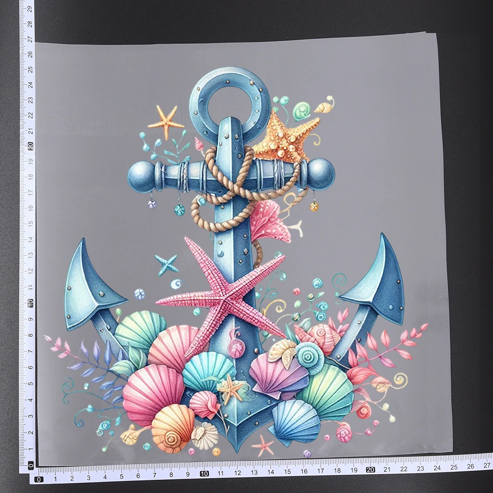 25CM Watercolor Ocean Theme Anchor Shell Heat Transfer Patches For Clothes DIY A-Level Washable Shirt Iron-on Thermal Sticker
