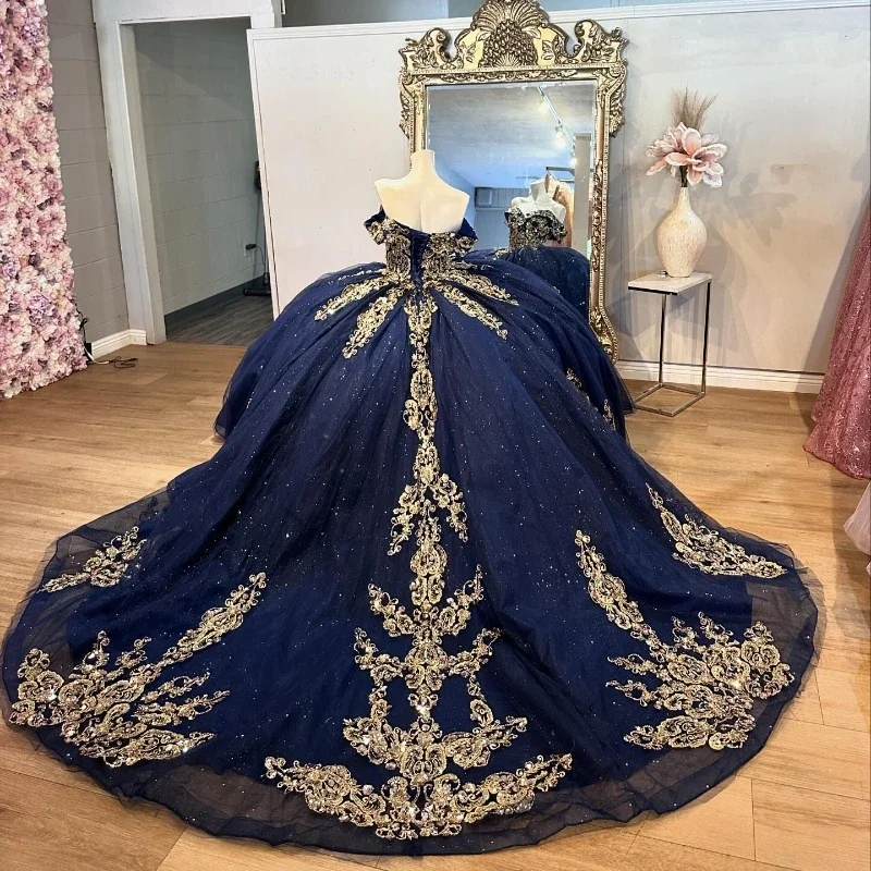 ANGELSBRIDE Navy Blue Princess Quinceanera Dress Off Shoulder Gold Lace Applique Beading Tiered Corset Sweet 16 Dress Customized