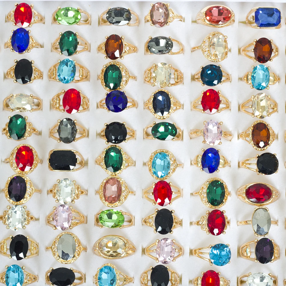 Wholesale 20 Pieces/Lot Fashion Glass Crystal Imitation Gemstone Rings For Women Gold Color Geometric Jewelry Party Gift