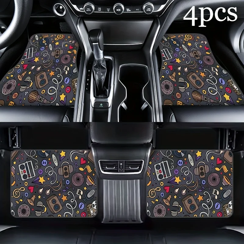 Trendy Music-Themed Car Floor Mats Set Of Four, Featuring Fun Prints Of Microphones, Vinyl Records, And Music Notes, Infusing Yo