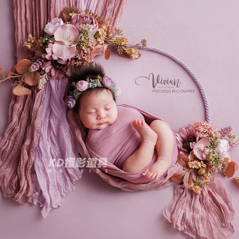 0-2M Newborn Photography Props Baby Girls Ultra-Soft Stretch Swaddle Wrap with Floral Headband Studio Photoshoot Accessories