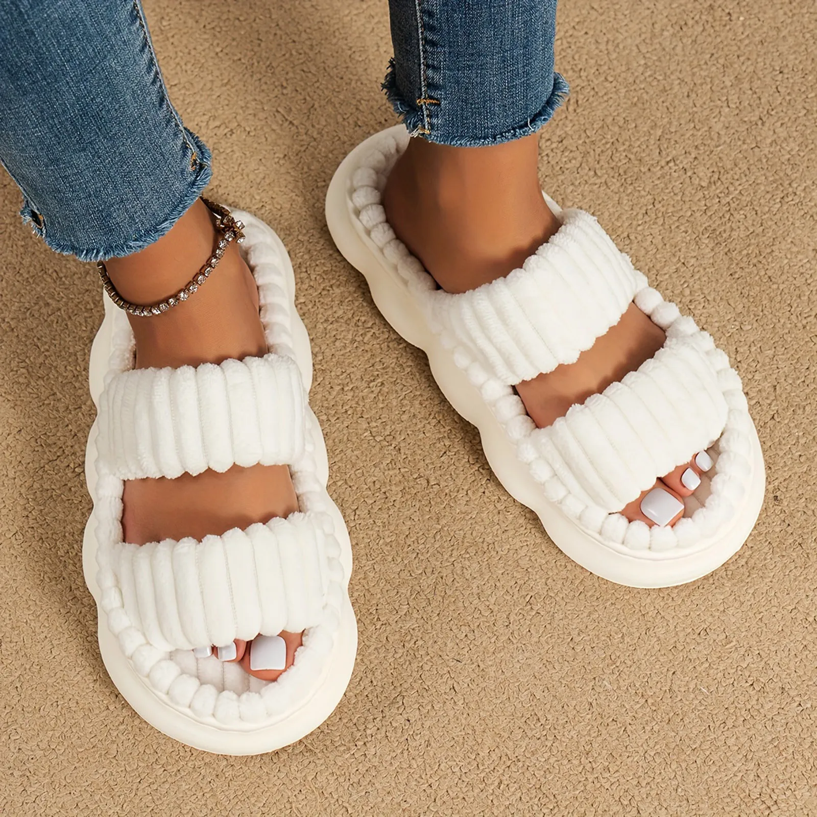 Women's Corduroy Slippers Living Room Shoes Cute Memory Foam Bedroom Slippers Home Female Slippers 2024 New Anti Slip Slippers