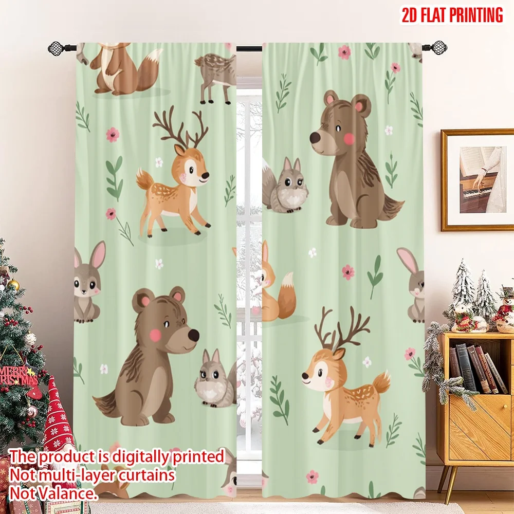 2pcs 2D flat printing Window Curtains Cute Forest Animals Woodland Bear Fox Digital Printed Polyester Drapes Family Party Use