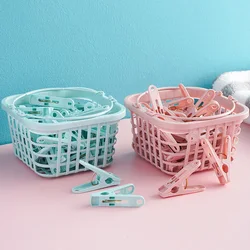 30pcs Plastic Clothes Pegs Laundry Clothes Pins with Storage Basket Windproof Clothing Towel Clips Underwear Socks Drying Clips