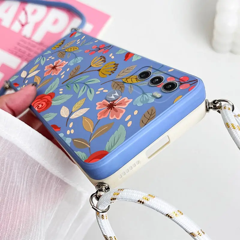 G60 Five Petals FlowerLanyard Silicone Phone Case For Motorola Moto G60 G62 G54 G24 G52 G84 G60S G100 G30 G40F G34 G42 G13 Cover