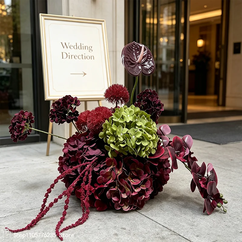 Künstliche burgundergrüne Hortensien-Tischdekoration, Hochzeits-Centerpiece, Anthurium-Orchideen-Blumenball, Event-Party-Requisiten – Detail 5