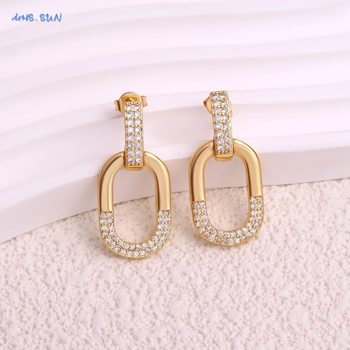 MHS.SUN New Zircon Hollow Oval Design Drop Earrings Gold Color Geometric O Shaped Earrings for Women Girls Fashion Jewelry Gift