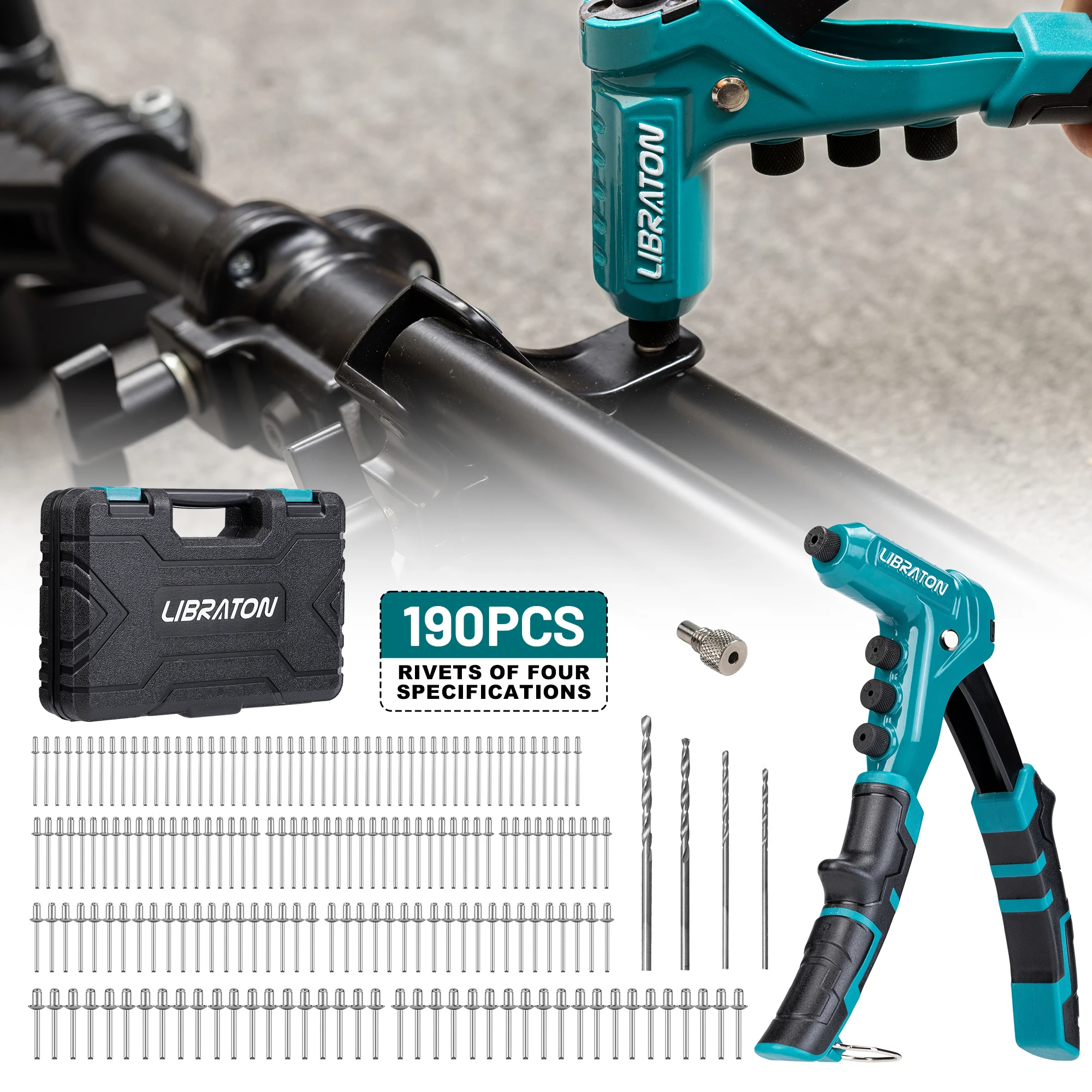 LIBRATON One-Handed Rivet Gun Set with 180 Rivets for Metal 4 Drill Bits 4 Heads Professional Hand Riveter Manual Riveting