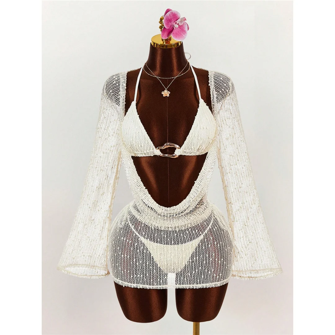 Mit langen Ärmeln, als Überwurf, Neckholder-Bikini, Damen-Badeanzug, dreiteiliges Bikini-Set, Badebekleidung, Badeanzug, Modell V8397. – Detail 4