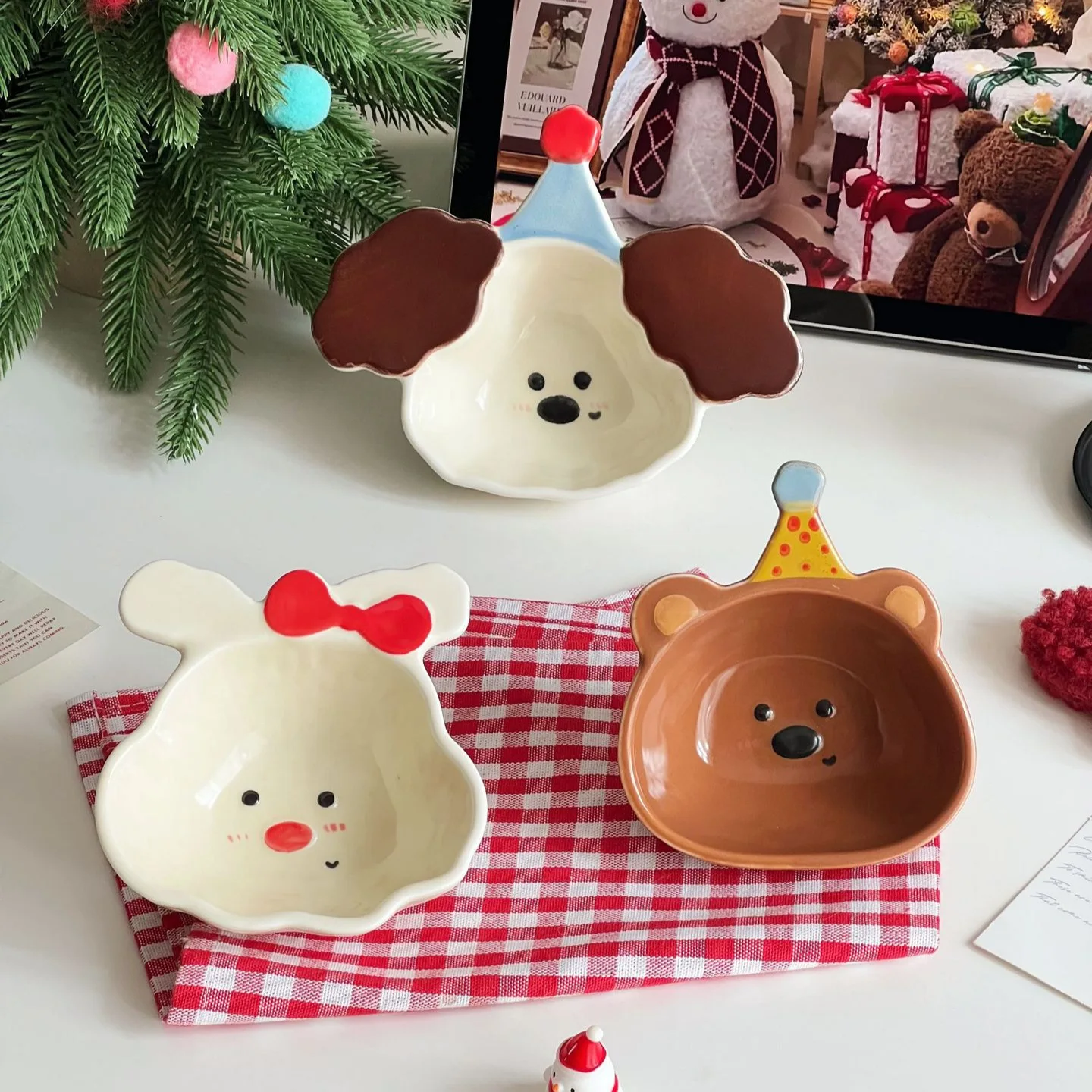 Cute Cartoon Ceramic Bowl, Hand Drawn Underglaze Color Sauce Dish Dessert Salad Bowl Microwavable Household Kitchen Cooking Tool