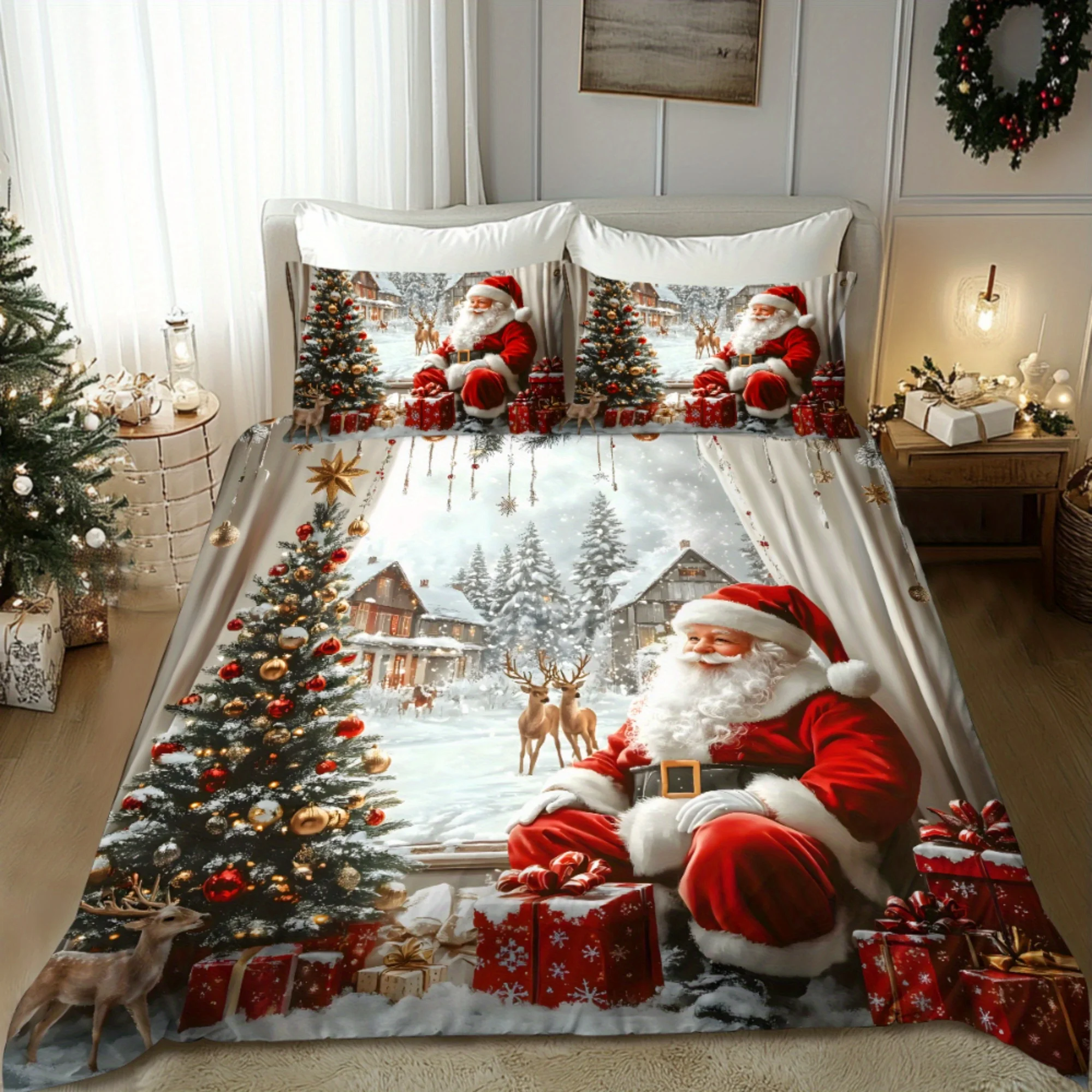 2D Christmas Duvet Cover Set Santa Sleigh Reindeer Tree Igloo Pattern Ultra Soft Brushed Bedding 3 Piece Set for Bedroom Hotel