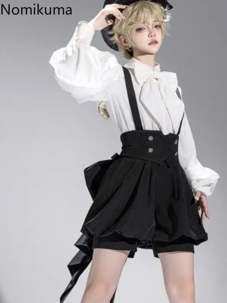 Black Goth Shorts Women's Clothing Lolita Style Sweet Bow Double-breasted Suspenders Shorts Vintage Pantalones Cortos De Mujer