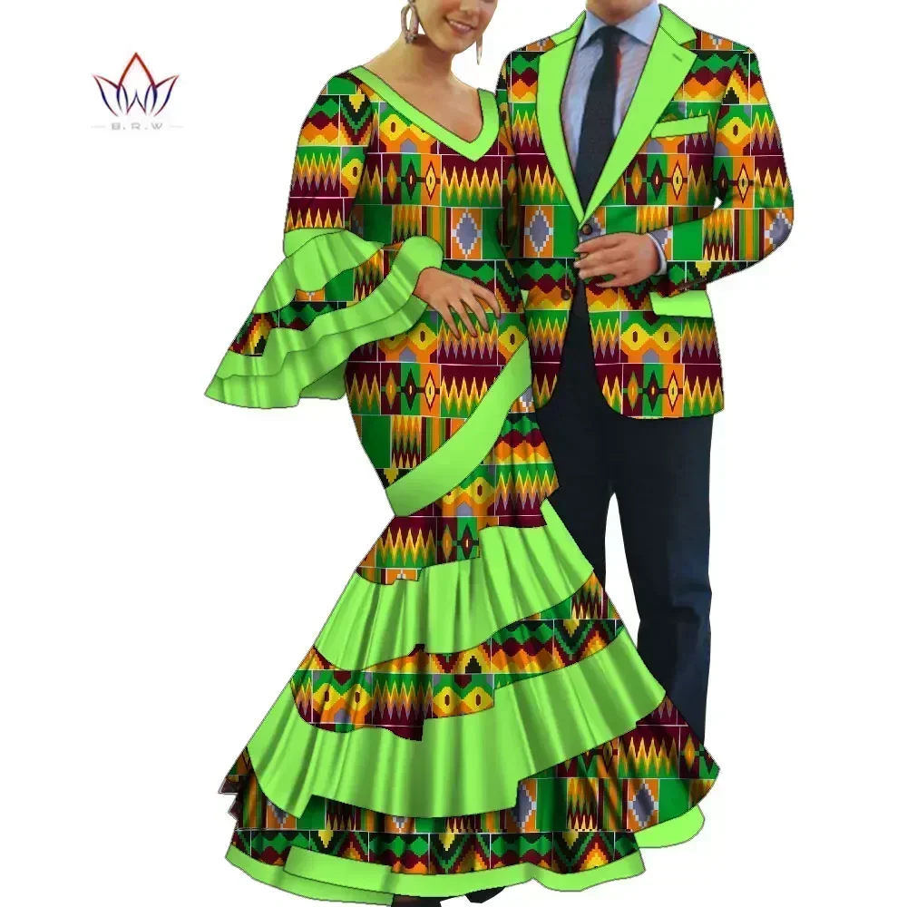 2pcs Set African Dresses for Women Long Sleeve Party Dress Mens Blazer  Casual Tops Couple Match Lover Wedding Clothes WYQ813