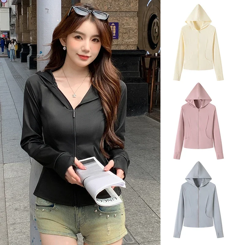 

New Summer Outdoor Women's Sunblock Ice Silk UV Protection Light Jacket Sports Jacket with Pockets and Hats Women's Top Coat