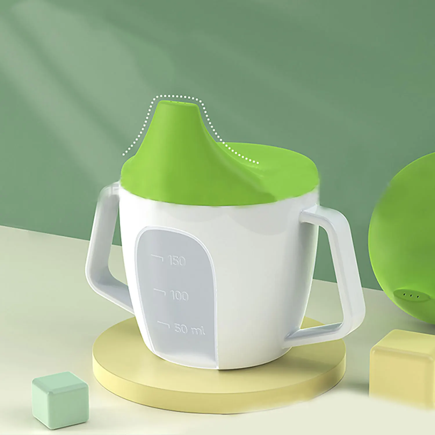 150ml tri-colour baby bottle, duckbill cup, Polya cup with handle, graduated, leak-proof, drop-proof cup.