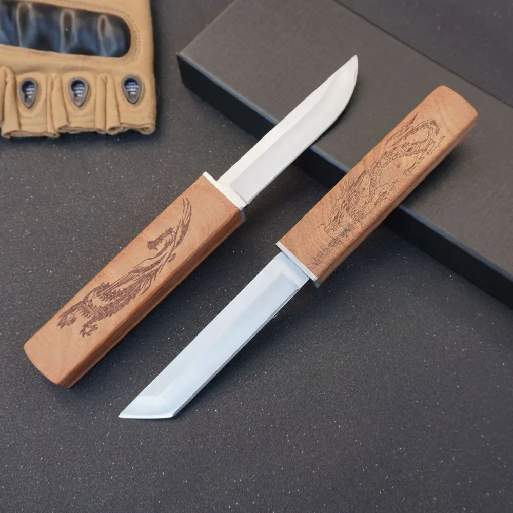 Two In One Japaness Style Drop / Tanto 7cr13mov Blade Wood Handle Pocket Knife Camping Portable Edc Lightweight Tools 2 in 1
