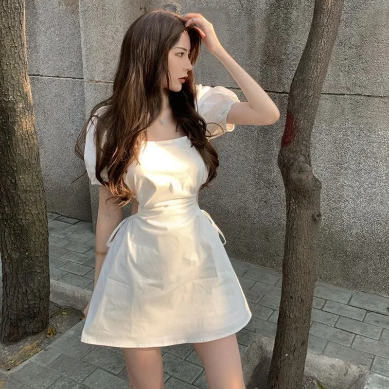 Summer Sexy Backless Mini Dress For Women Solid Color Casual Party Dress Square Neck A-Line Puff Sleeve Slim Fit Dress