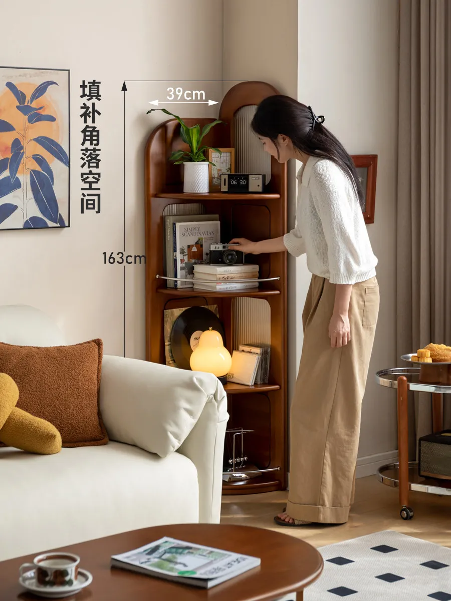Solid wood corner bookshelf Small apartment study retro storage rack Middle ancient style integrated shelf against the wall