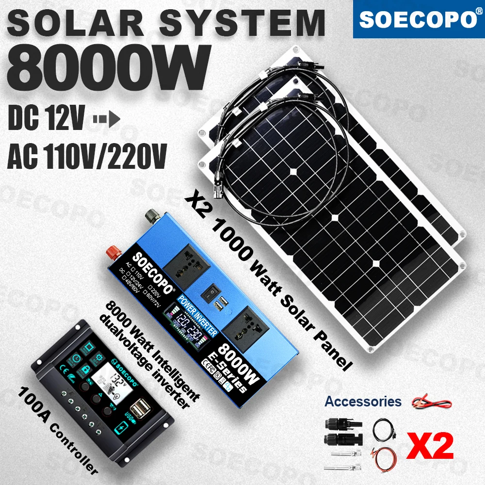2×1000W Panel 100A Controller |8000W Multi-Device Solar Kit | Dual-Voltage Inverter with USB/AC Outlets for Trailer Picnic Party