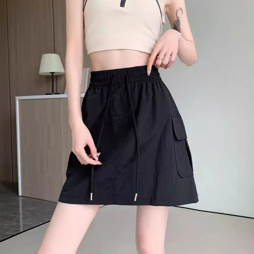 

Loose High Waist Skirt Drawstring Lace Up Causal Skirts Women Large Pocket Spicy Girl Style Wide Half Leg Skirts Summer