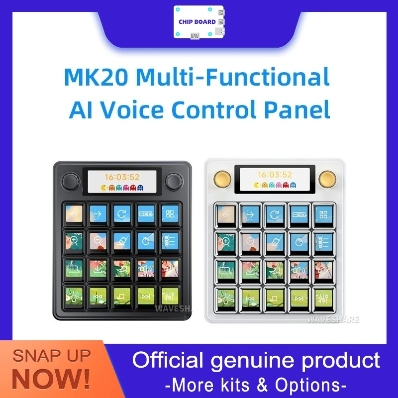 

Голосовая панель Waveshare MK20 AI с 20 клавишами, ЖК-дисплеем 0,85 дюйма, двумя ручками, поддержкой Linux и QMK.