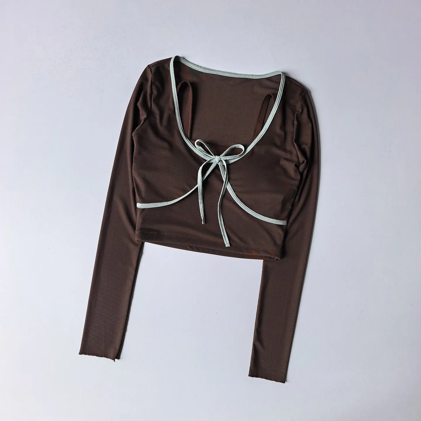 Sexy Yoga-Shirt für Damen, U-Ausschnitt, Farbblock-Design, Langarm-Fitness-Top mit Brustpartie, schmal geschnittenes T-Shirt, Mesh-Pilates-Oberteil – Detail 7