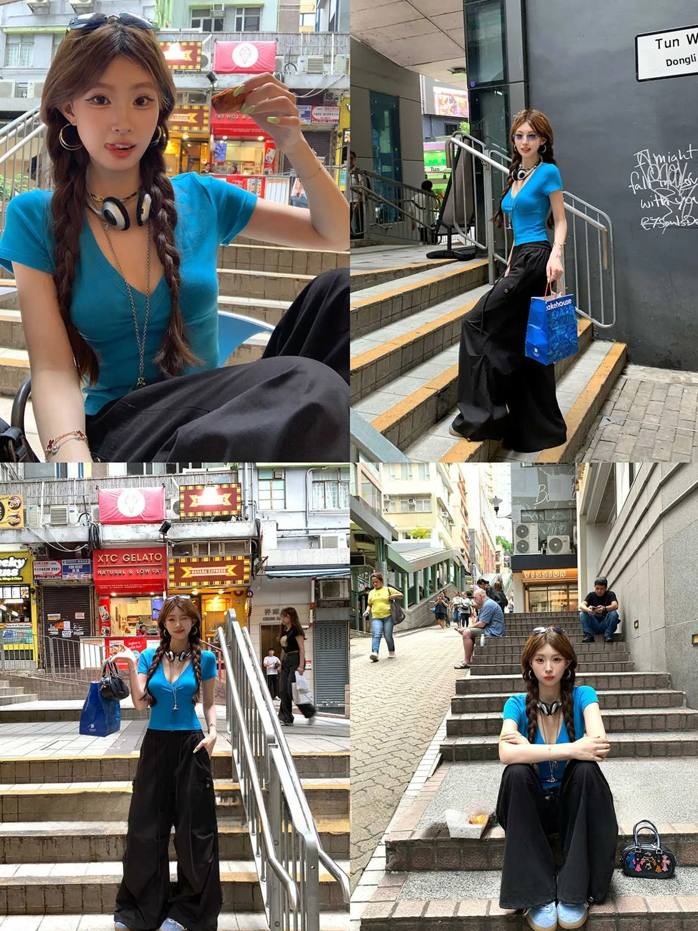Blue Cross V-neck Short Sleeve T-shirt Women's Summer High-grade Pure Desire Slim Fit Sweet Spicy Short Top Casual Style