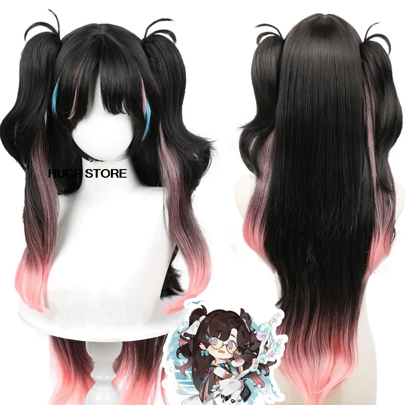 Zhezhi Cosplay Wig From Game Wuthering Waves Black Pink Double Ponytail Zhezhi Wig Long Hair 80cm Women Halloween Cos Wigs