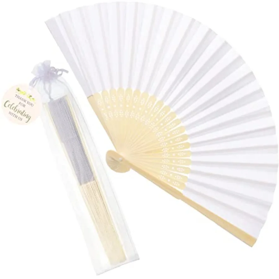 

60 Set Wedding Hand Fans with Thank You Tags Organza Bags, White Paper Fans Bulk Bamboo Decorative Folding Fans for Wedding Gue