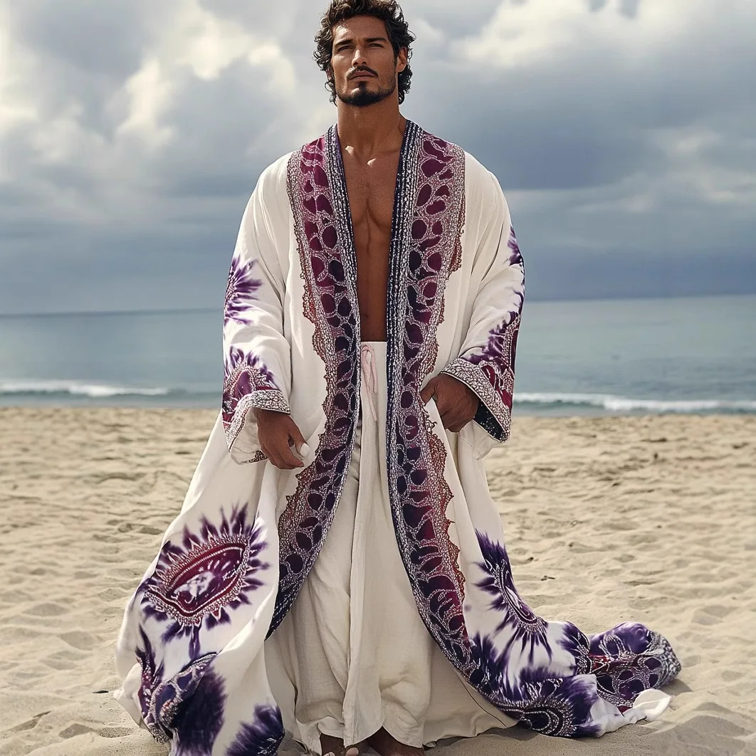 

Vintage Ethnic Digital Print Cardigan Robe Men Long Sleeve Loose Nightgown Trench Coat Fashion Beach Sunscreen Clothing Shawl