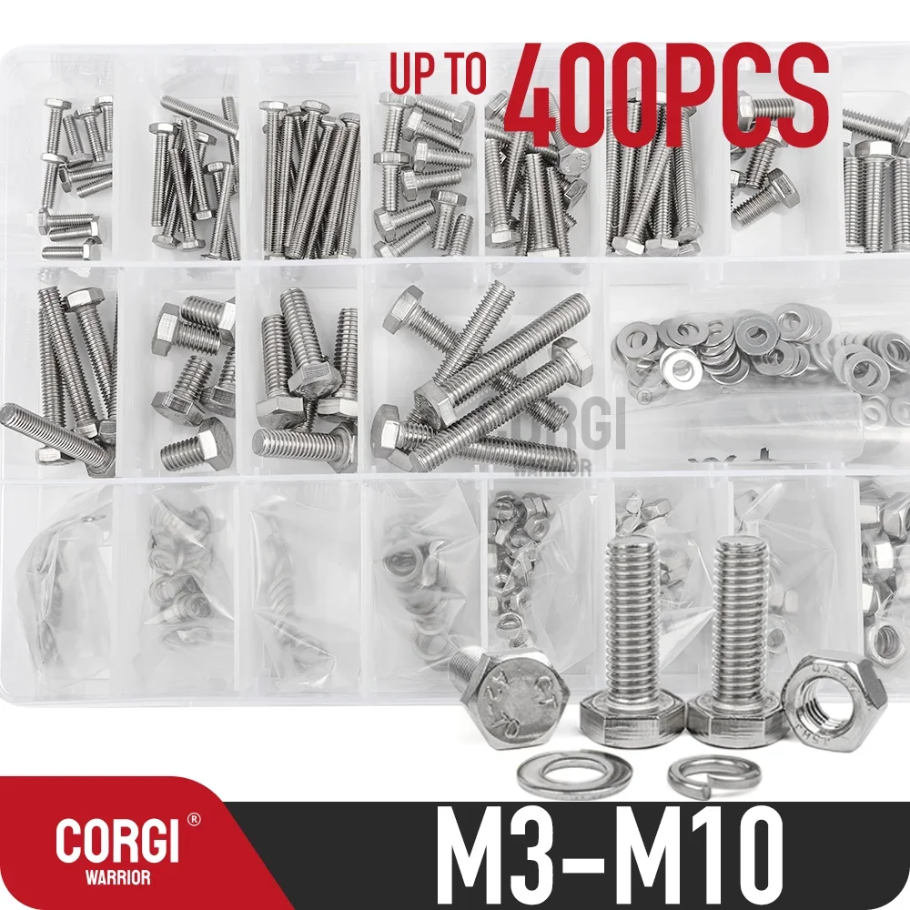 Hochleistungs-Sechskantmuttern-Sortimentssatz aus Edelstahl 304, 42–400 M3, M4, M5, M6, M8, M10, Maschinenschrauben, Federsicherungsscheiben