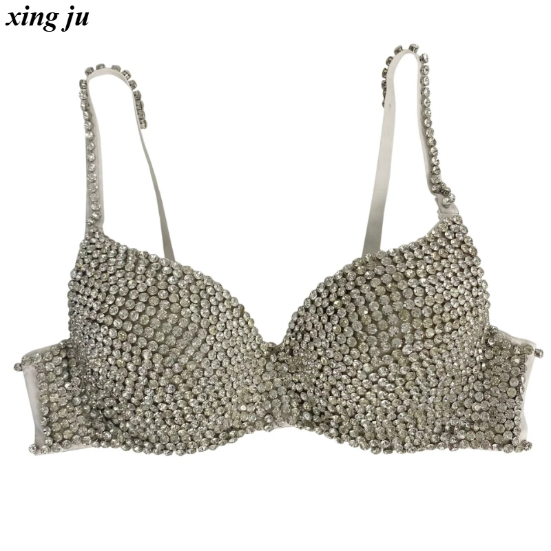 Xing Ju Frauen Jazz Dance Sexy Diamant Sling Cropped Tops Mode Ärmelloses Korsett Strass Stricken Weste Nachtclub DJ Bühne Tragen