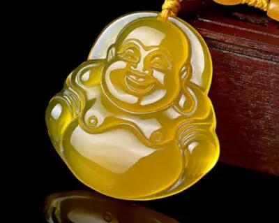 AAA Beautiful Natural Hand-carved Yellow Agate Maitreya Buddha Chalcedony Pendant