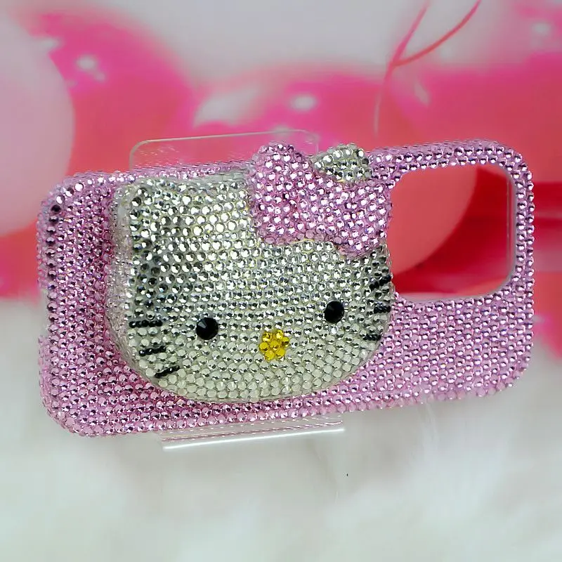 

Rhinestone Phone Case with Puff Mirror, Jewelry for iPhone 7, 8 Plus, 11, 12 Pro, 13 Mini, 14 Pro Max, Xs Max, Pink, Hello Kitty
