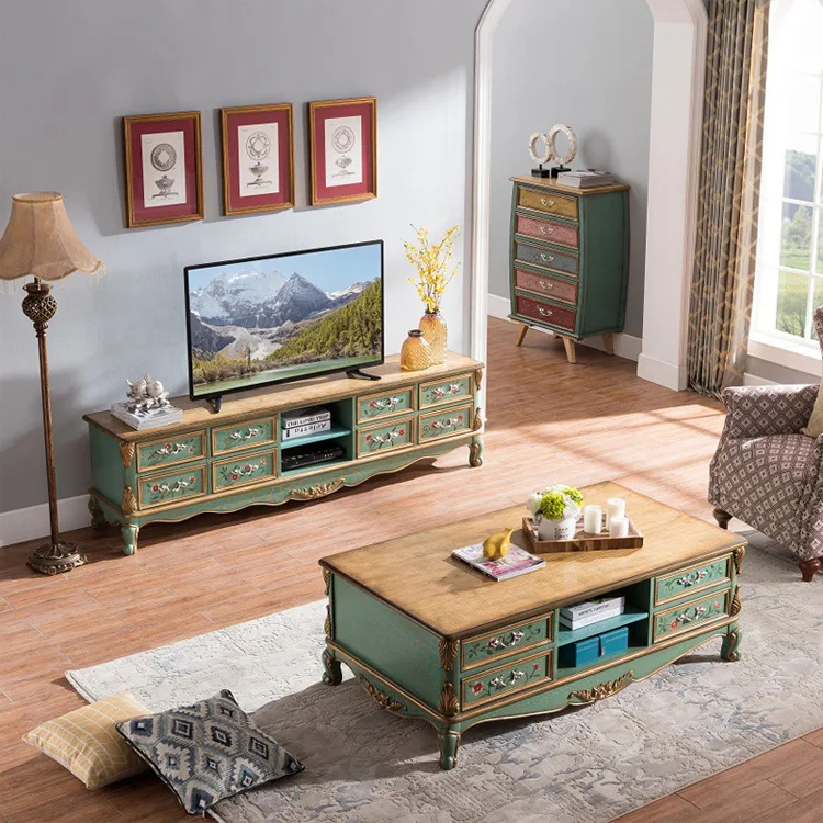 

Solid wood old green TV cabinet coffee table combination household living room 2 meters floor cabinet art crack paint