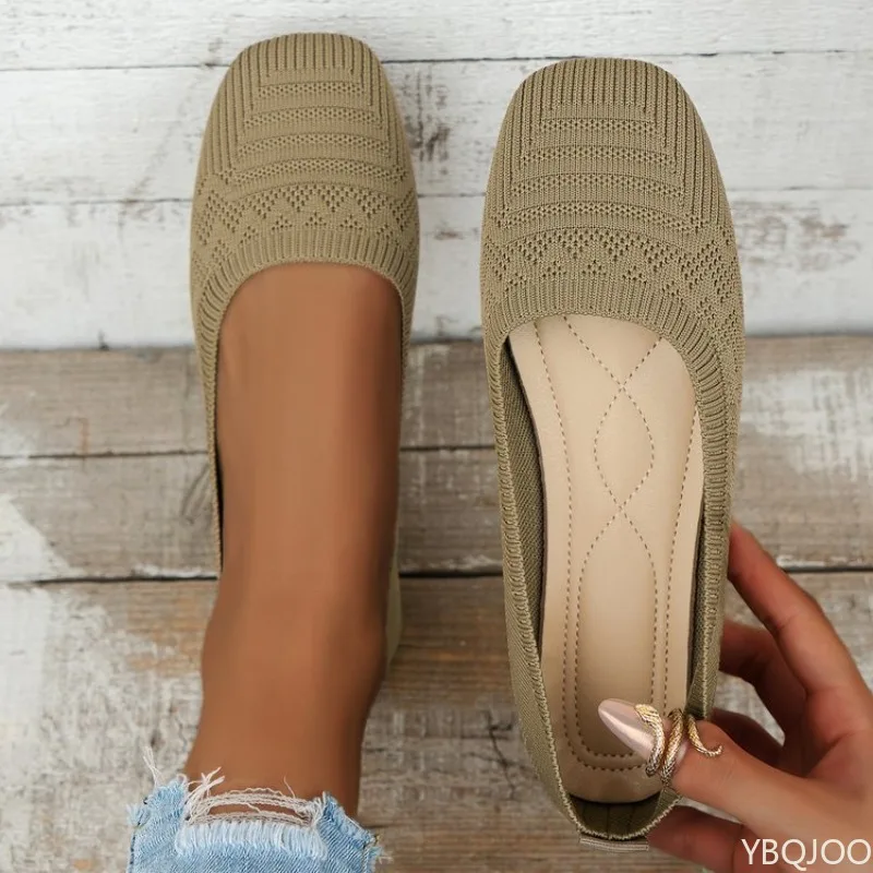 春の新作、シンプルなスクエアトゥ、浅口、柔らかいソール、おしゃれで万能なレディースフラットシューズ、通気性のあるメッシュシューズ