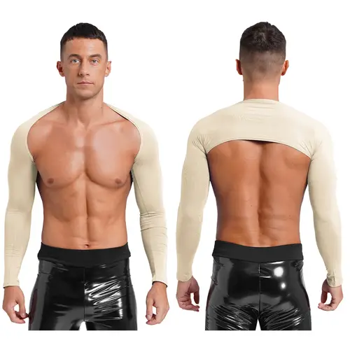 Men Open Front Half Crop Top Solid Long Sleeve Cardigan Bolero Shrug Tops Muscle Arm Sleeves Workout Sports Gym Tops Clubwear - Image 17