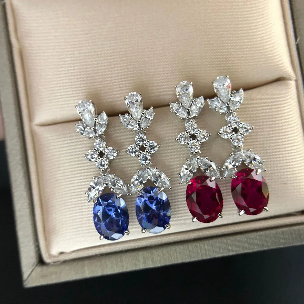 S925 Sterling Silver Gilding Earrings Luxury Laboratory High Carbon Drill Sapphire Ear Stud for Woman Party Jewelry Gift