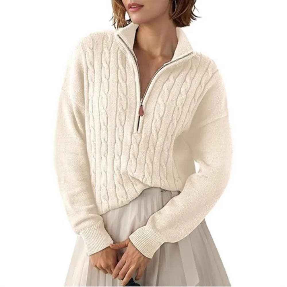 Women's Sweater Autumn Winter Zipper Cable-Knit Sweater Turtleneck Thickness Pullover Luxury Comfortable Elegant Outerwear