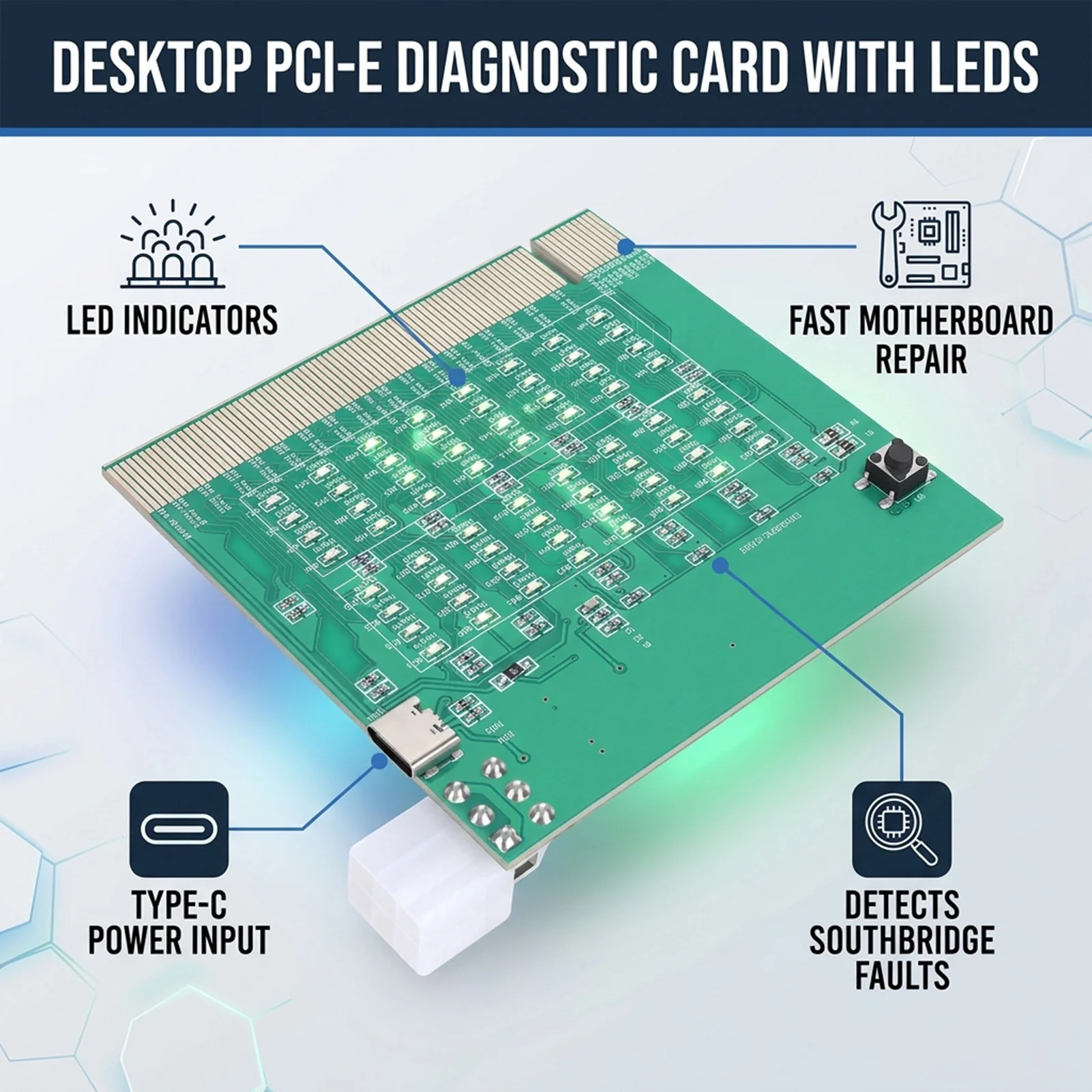 PCIe 16X Slot Tester PCIe 16X Test Card with Light PCI Express Slot Motherboard Diagnostic Tester Support Type C Power Supply view 6