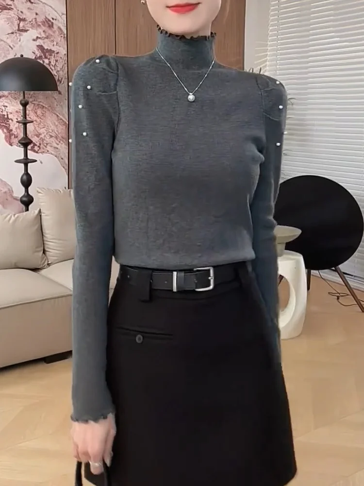 

Ele High Ne Beaded Long Sve Slimming Top Versatile Autumn 2025 New plus Size Faionable Agel Casual Wear