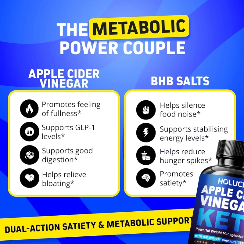 Apple Cider Vinegar + Keto BHB Capsules, GLP-1 Support for Appetite, Cravings & Weight Management, Metabolism Support