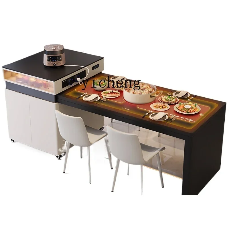 

Zz island dining table integrated retractable household pure black rock slab modern simple kitchen bar