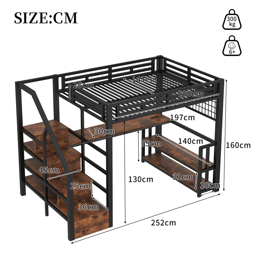 Multifunctioneel hoogbed met ijzeren frame, 140×200cm, ruimtebesparend bed met bureau, opbergruimte, trap, LED & 2 USB+1 Type-C
